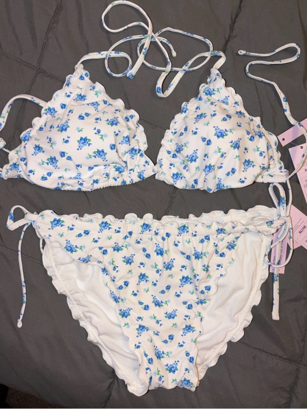 Wild Fable White / Blue Floral Triangle Top and Side Tie Bikini Swim XL NWT